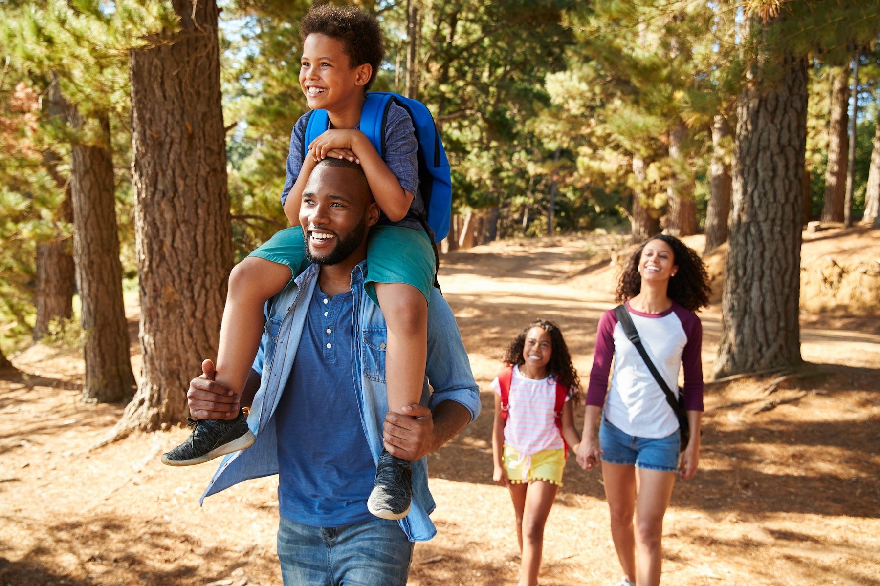 FAMILY HIKING THROUGH THE FOREST CHEERFULLY